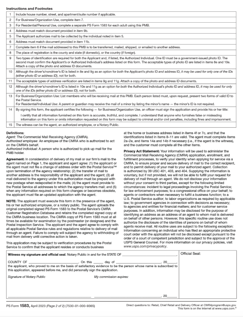CMRA Form USPS PS1583